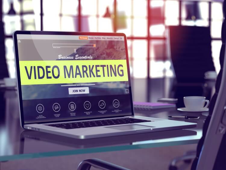 Video Marketing Concept. Closeup Landing Page on Laptop Screen  on background of Comfortable Working Place in Modern Office. Blurred, Toned Image. 3d render.-1
